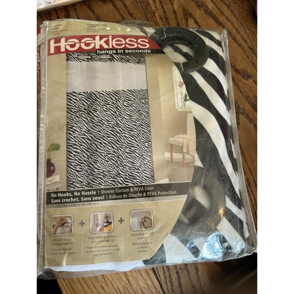 Hookless Zebra Print Shower Curtain with Liner 3-in-1 Set Black White 71x74